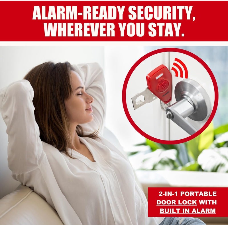Security Man Portable Door Lock with Alarm | Hotel Door Locks for Travelers Security | Loud 130dB Door Security Device for Hotel Room, Apartment Home, & Travel Safety Inside for Women Children - Red - Image 2